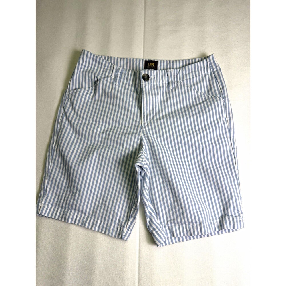 Lee Womens Blue White Striped Bermuda Shorts 8 Woven Cotton Stretch Pockets
